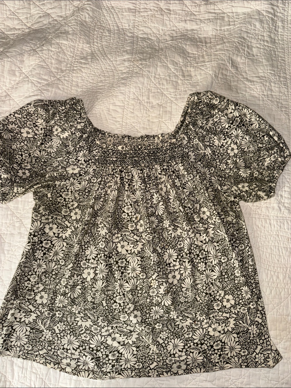 Wonderly Black & White Floral Smocked Square-Neck Top